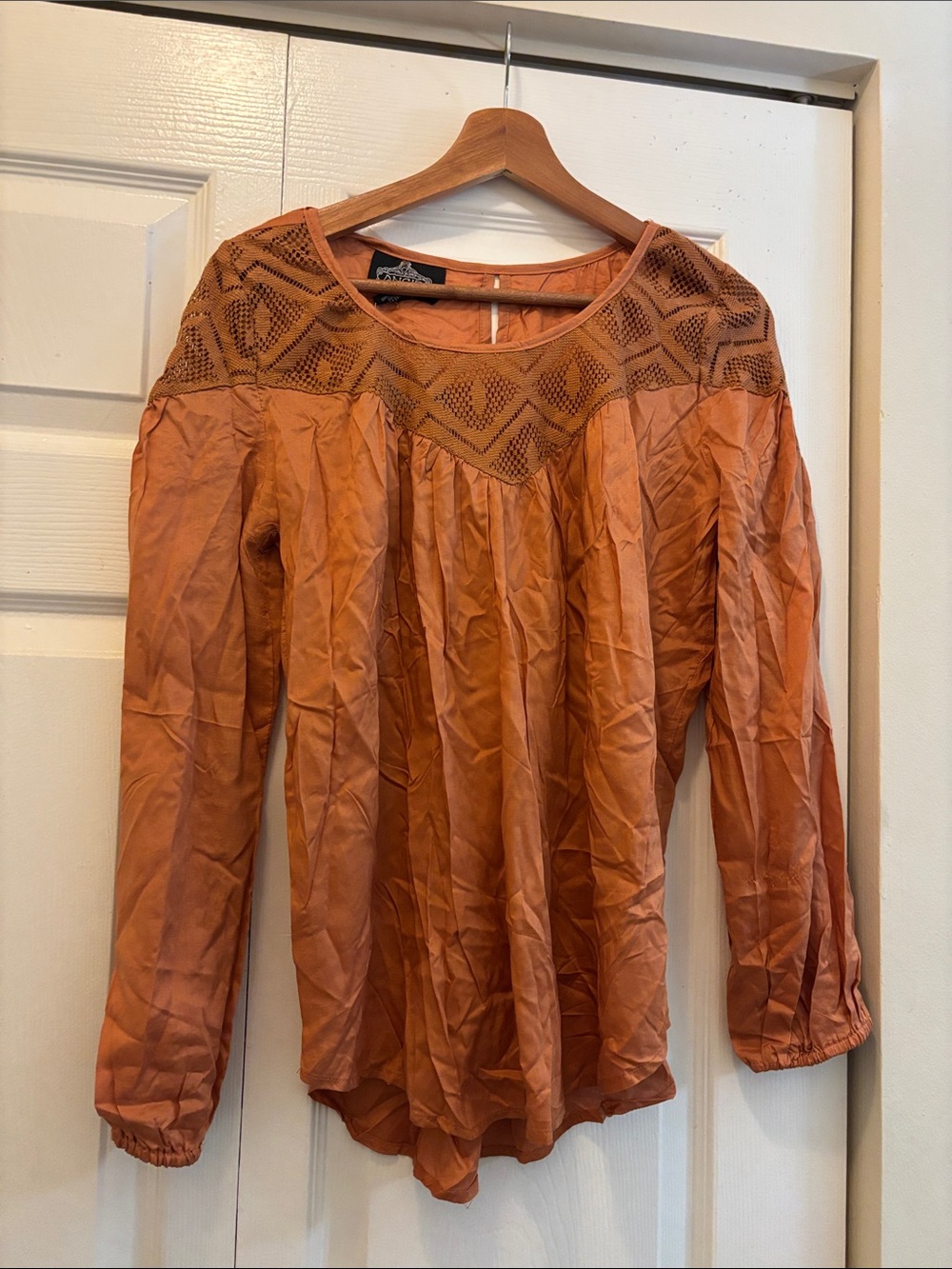 Angie Boho Burnt Orange Crochet Yoke Tunic Top